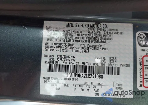 2012 Ford Fusion Se z USA, uszkodzony, nr VIN 3FAHP0HA2CR251088